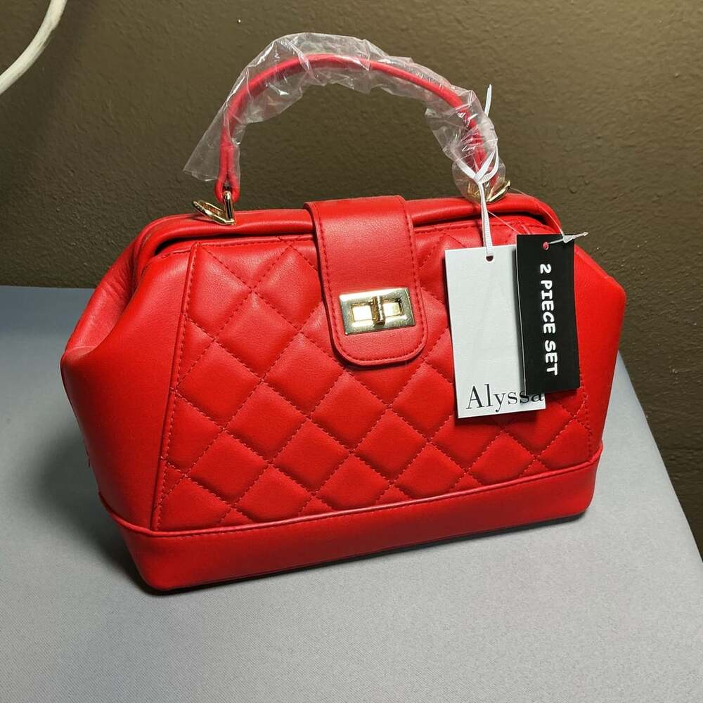 Alyssa Quilted Satchel Handbag Red Vegan Leather 2 Piece Set